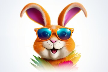 Abstract painting with vibrant colors. Cartoon rabbit with sunglasses on white background. AI generated
