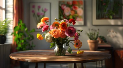 A cozy corner in a dining room featuring a small round wooden table adorned with a vase of freshly picked ranunculus flowers, infusing the space with vibrant hues and delicate beauty