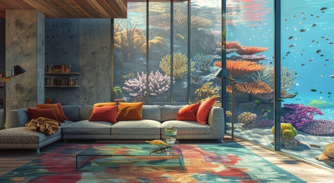 A large living room with white sofas and a wooden coffee table. Floor to ceiling windows overlooking an aquarium filled underwater house in the style of the Maldives