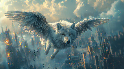 A wolf with wings flying over a cityscape.