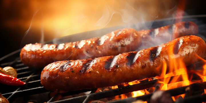 Grilled to perfection firecharred South African borewors sausage braai style culinary with firy background
