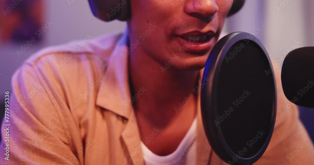 Poster podcast, man and interview with mic, hosting online radio talk show and social conversation. live st