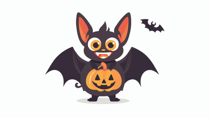 Black bat holding a pumpkin lantern. Cute cartoon char