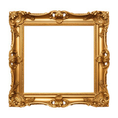 Ornate Baroque Style Golden Picture Frame with Intricate Details on a Transparent Background