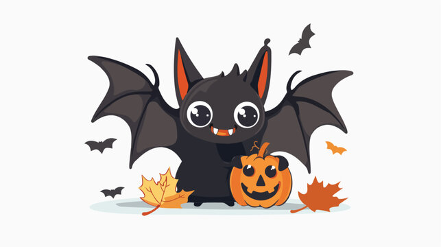 Black bat holding a pumpkin lantern. Cute cartoon char