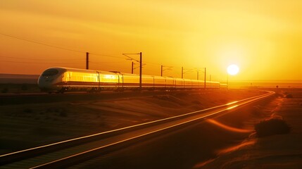 Obraz premium Fast moving modern high speed train in flat landscape at sunset.