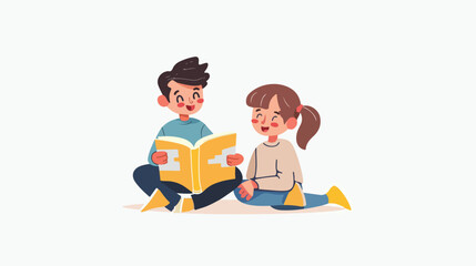 Boy and girl are reading a book together. Vector illustration