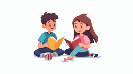 Boy and girl are reading a book together. Vector illustration