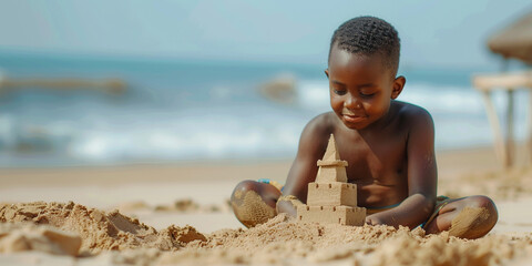 African American child building a sandcastle at the sea. Beach games in sand. Elementary school kid playing on the beach on summer holidays vacation leisure time spending - Powered by Adobe