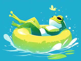 A frog is floating in a yellow inflatable pool