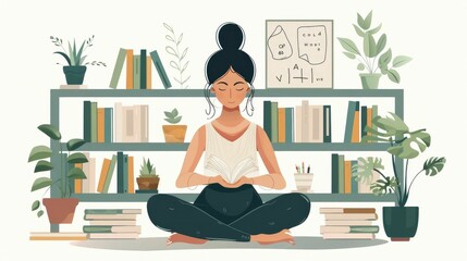 Woman Meditating in Peaceful Study Surrounded by Books and Vision Board for Wellness Goals