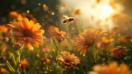 Bees humming around flowers, busy nectar collectors ,3DCG,high resulution,clean sharp focus - obrazy, fototapety, plakaty