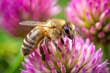 Bee on pink clover flower. Macro photo with shallow depth of field.