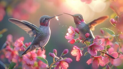 Hummingbirds flirting with flowers, nectars sweet allure ,3DCG,high resulution,clean sharp focus - obrazy, fototapety, plakaty