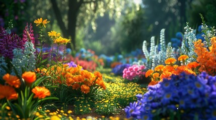 Garden alive with colorful flowers in full bloom, natures palette ,3DCG,high resulution,clean sharp focus - obrazy, fototapety, plakaty