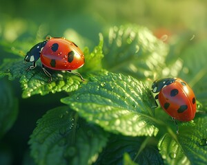 Ladybugs on green leaves, tiny summer jewels ,3DCG,high resulution,clean sharp focus