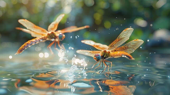 Dragonflies gliding over water, guardians of the pond ,3DCG,high resulution,clean sharp focus