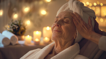 Concept for relaxation, beautiful old woman, enjoying a spa day, with a massage and calming ambiance, modern