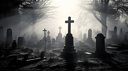 A Graveyard Shrouded in Mystery and Shadows Ghosts Spirits Haunting with black and white background
