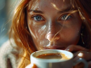 A woman with blue eyes is drinking coffee