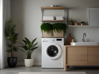 Modern kitchen interior featuring a front-load washing machine for convenient laundry