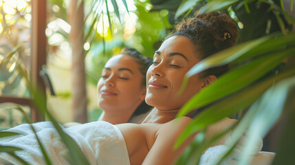 Concept for relaxation: girl couple enjoying a spa day with a massage and calming ambiance, bright and serene