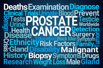 Prostate Cancer Word Cloud on Blue Background