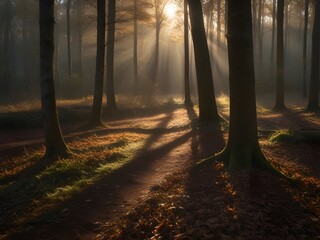 Forest Morning Sunlight Through Misty Woods