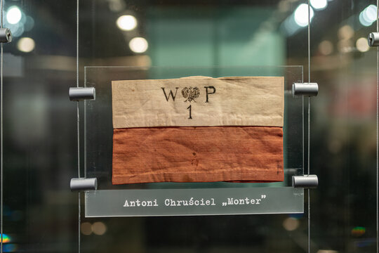 Warsaw, Poland - May 15, 2023; insurgent armband of Colonel Antoni Chruściel "Monter", commander of the Warsaw District of the Home Army - in the collection of the Warsaw Uprising Museum