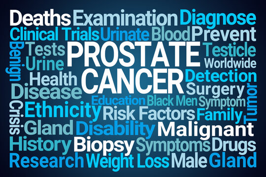 Prostate Cancer Word Cloud on Blue Background