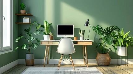 Minimalist Workspace Wellness Clean Desk with Ergonomic Design and Lush Greenery for Improved Productivity