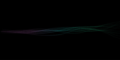 Abstract wavy dynamic blue green violet light lines curve banner on black background in concept technology, neural network, neurology, science, music, neon light
