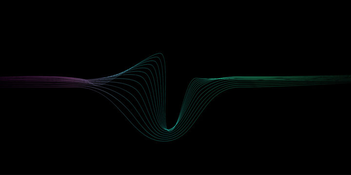 Abstract wavy dynamic blue green violet light lines curve banner on black background in concept technology, neural network, neurology, science, music, neon light