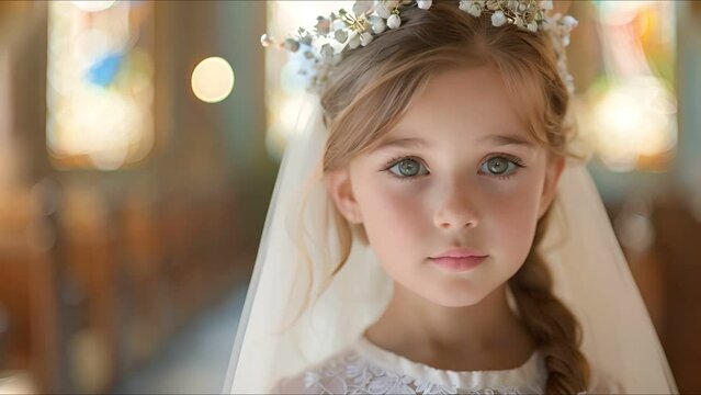 Holy portrait of pretty girl in first communion dress, church setting, angelic and serene