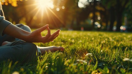 woman practice yoga on green grass and close up her hand. generative ai