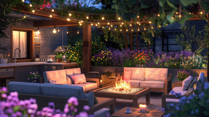 Fototapeta na wymiar Design an outdoor lounge area with comfortable seating, fire pit and string lights for socializing in the evening on a small terrace of luxury residential building