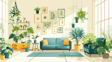 Cozy and Sustainable Living Room with Lush Indoor Plants and Nature Inspired Decor