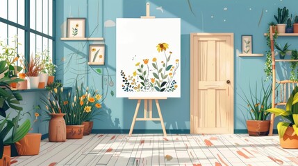Vibrant Art Therapy Studio with Easel and Lush Foliage Decor for Creative Expression and Healing