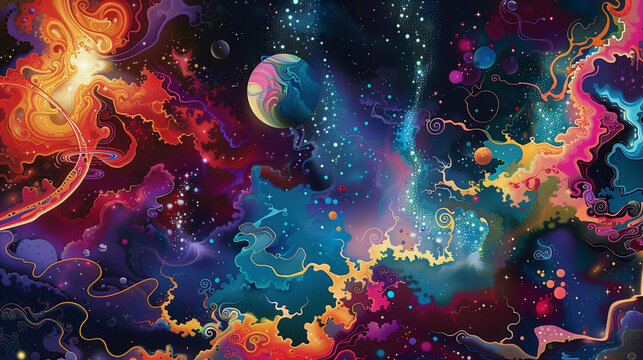 Harmony in Cosmic Chaos : A vibrant dance of celestial objects and entities.