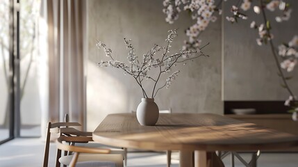A modern dining area with a minimalist wooden table and chairs, enhanced by a sculptural vase filled with branches of cherry blossoms, adding a touch of elegance and tranquility to the space
