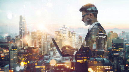 Businessman utilizing a laptop against a city backdrop, business, hitech
