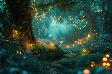Naklejka premium A fairytale-inspired magic forest filled with glowing creatures, Dark fairytale fantasy forest. Night forest landscape with magical glows, AI generated