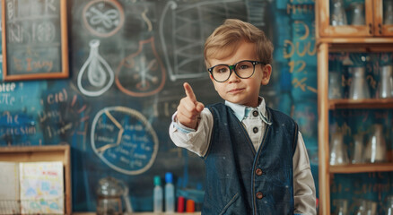 Little boy with glasses standing in front of the blackboard pointing at it, classroom background - Powered by Adobe
