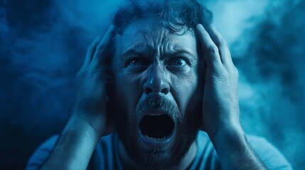 Portrait of terrified, adult male. A man screams in horror holding his head.