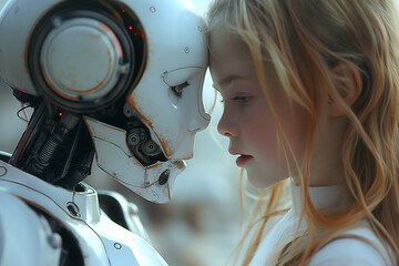 Young girl interacting with a humanoid robot in a close-up view
