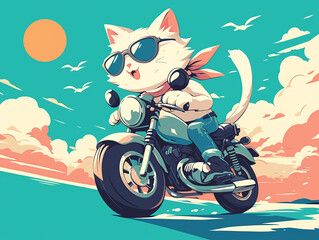 A cat is riding a motorcycle with sunglasses on