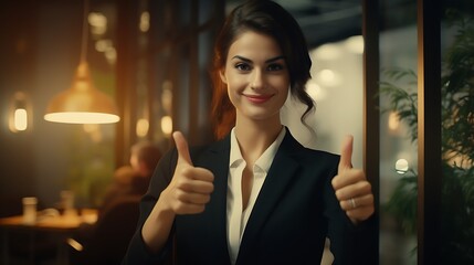 A confident businesswoman giving a thumbs-up gesture, expressing approval