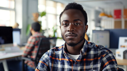 young employer, looking directly at the camera while planning work in an office - obrazy, fototapety, plakaty