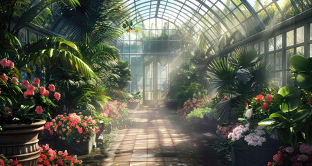 Fototapeta na wymiar A lush green house filled with vibrant flowers and exotic plants, offering an immersive experience for visitors to explore the beauty of nature in all its glory