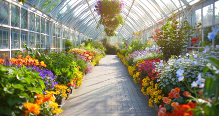 A lush green house filled with vibrant flowers and exotic plants, offering an immersive experience for visitors to explore the beauty of nature in all its glory - obrazy, fototapety, plakaty